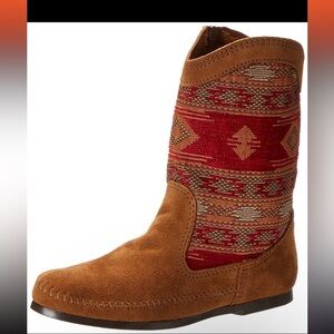 Minnetonka 1573 Women's Brown Suede Tapestry Zip Baja Western Moccasin Sz 5